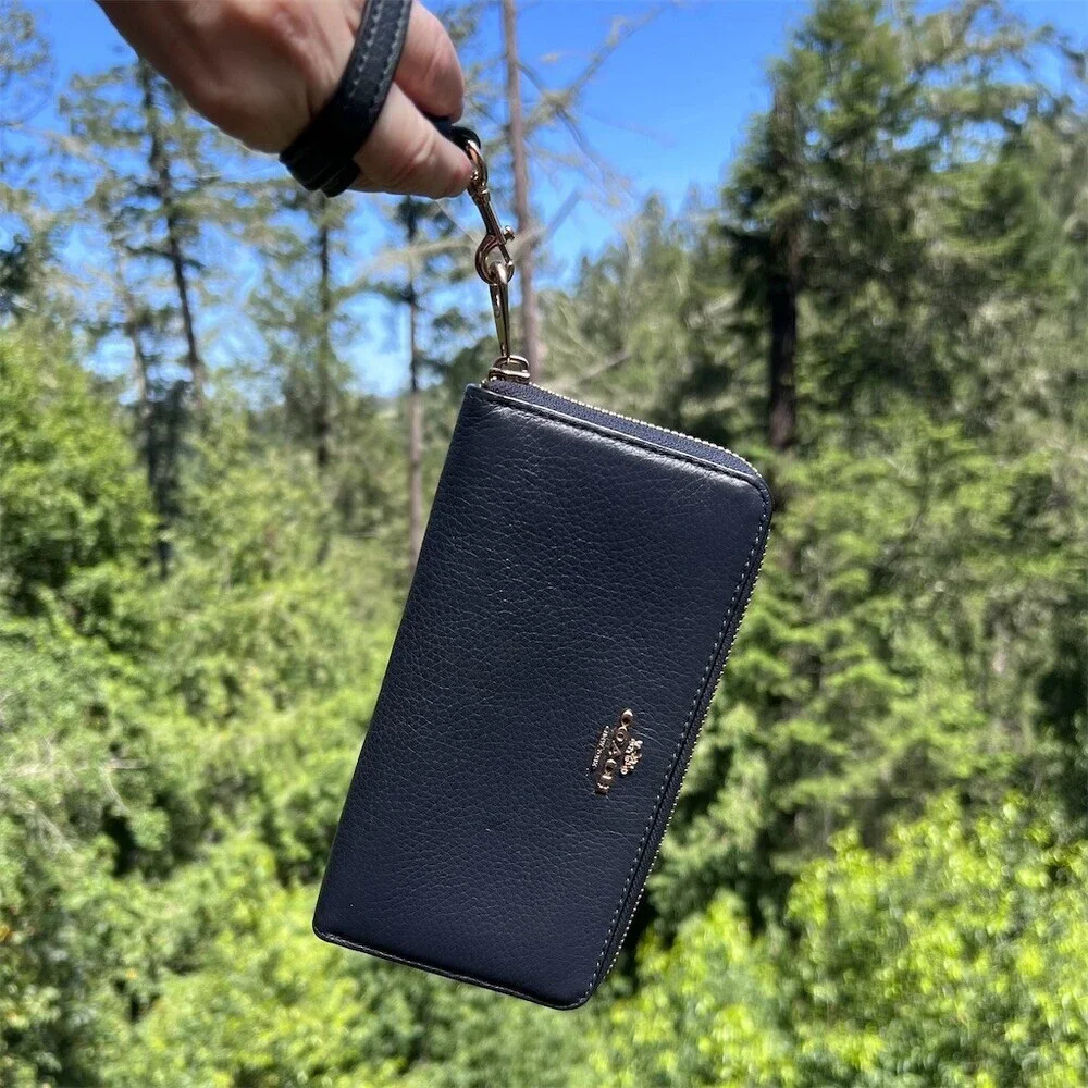 COACH Long Zip-Around Wallet Navy Blue Pebble Leather Silver Hardware AUTHENTIC